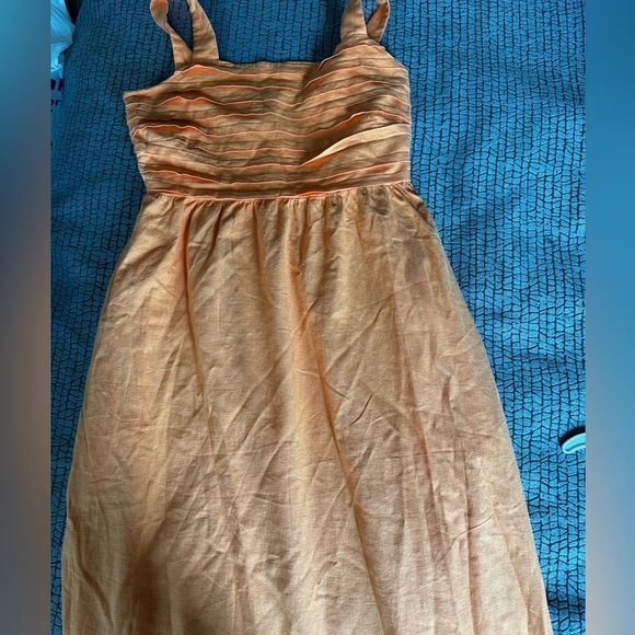 TAHARI Linen Blend Wide Stripes Pockets Pleated Bodice Maxi Dress in Orange Sz 2 - Picture 14 of 15